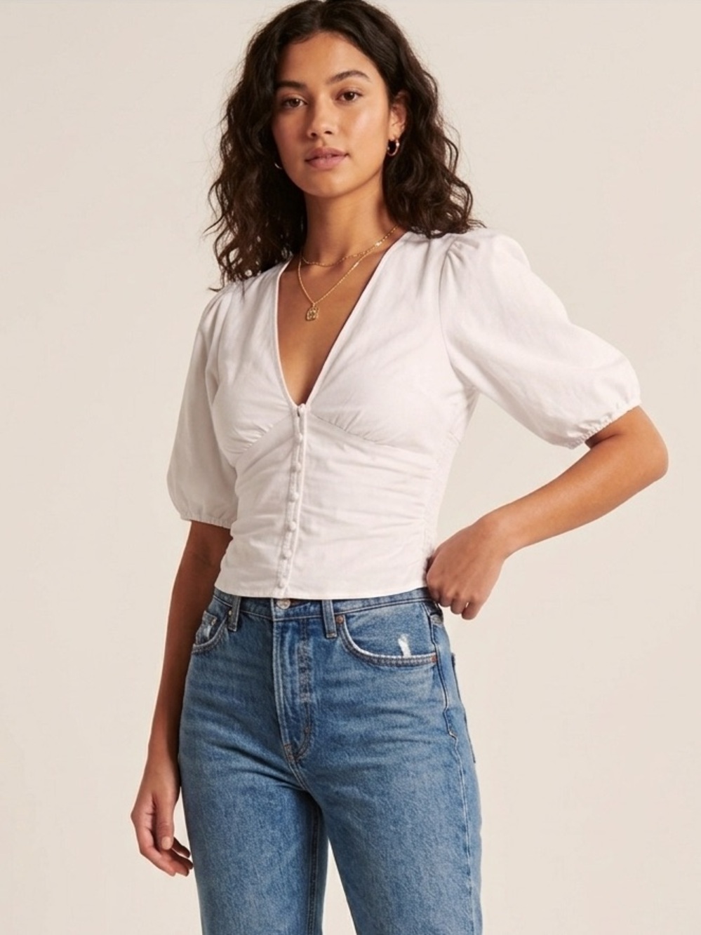 Abercrombie & Fitch elegant White V-Neck Puff Sleeve Button-Front Top blouse s